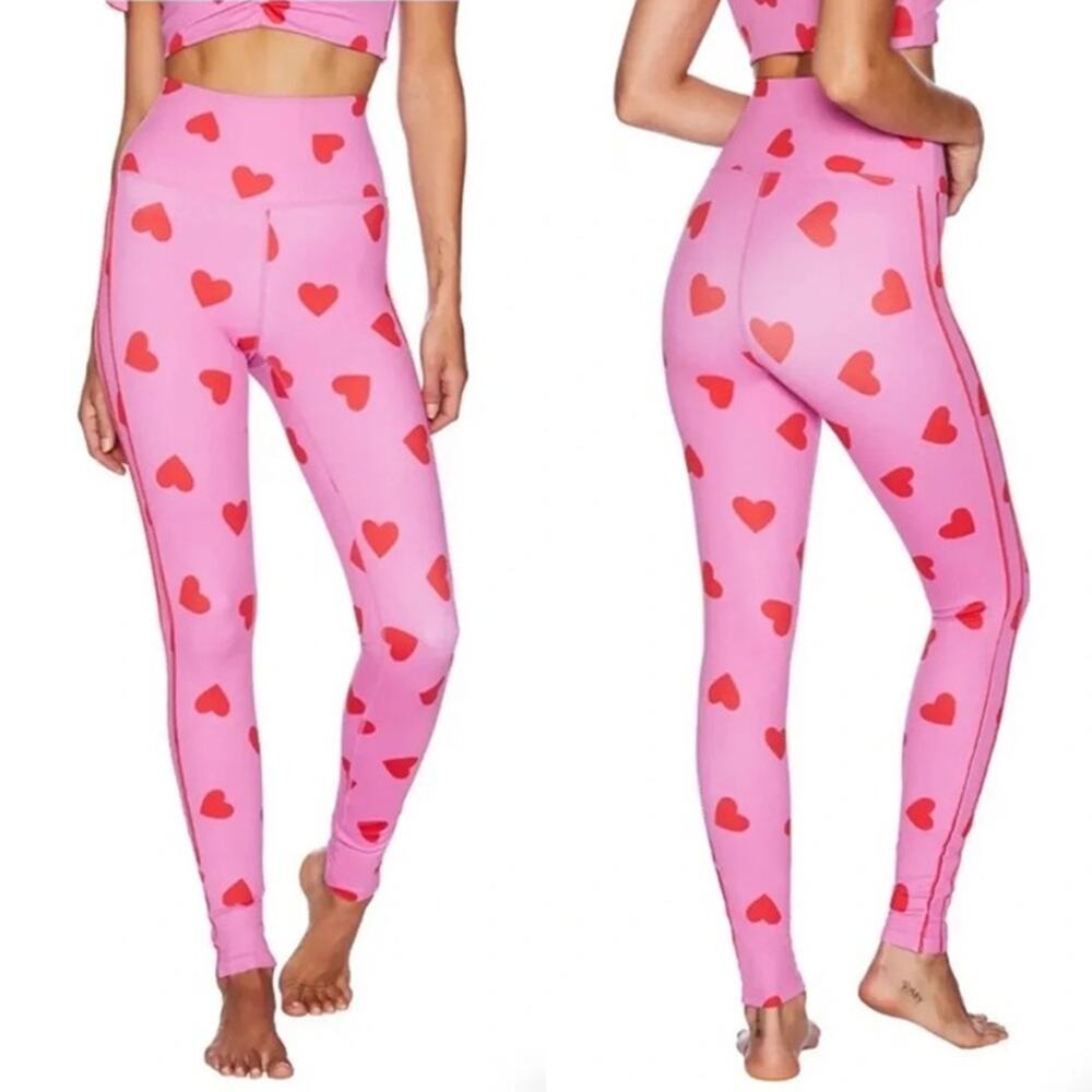 Beach Riot Pink Red Kat Heart Print High Waisted Full Length Leggings Size Small